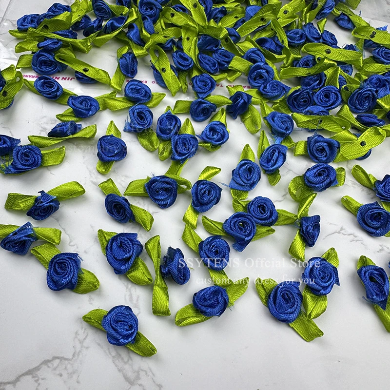Fleur de Rose faite à la main avec feuilles vertes, 3cm, accessoires artisanaux en ruban de Satin pour robe de soirée, robes de soirée, bricolage D