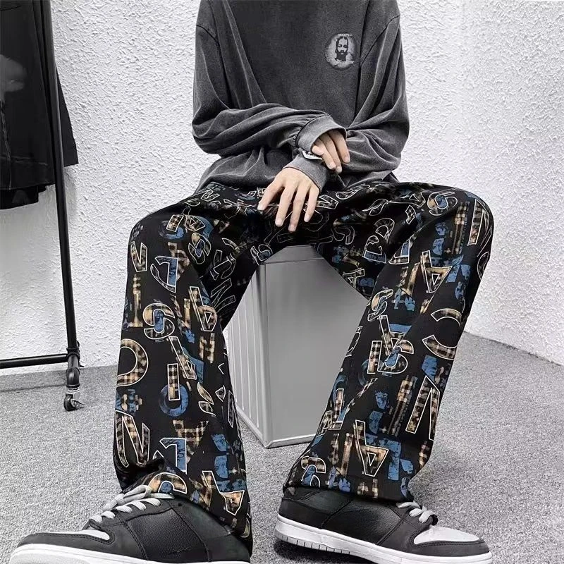 Male Trousers Wide Graffiti Men's Casual Pants Autumn Winter Straight Original Clothing Baggy Cotton Low Price Stylish New In