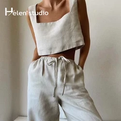 Original 100% Linen Women's Tank Top Summer Vintage Crop Tops Square Neck Loose Sleeveless Short Camisole Tops Women Clothing