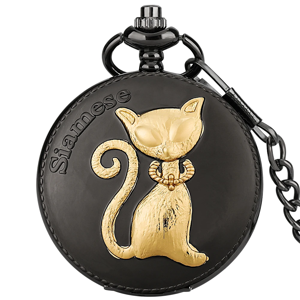 Cute Siamese Cat Pocket Watch Classic Black Noble Quartz Animal Watches Men Women Pendant Necklace Accessories Souvenir Clock