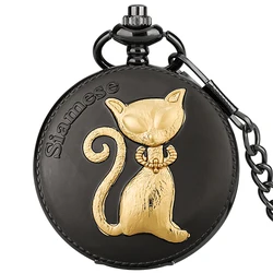 Relógio de bolso gato siamês para homens e mulheres, preto clássico, quartzo nobre, relógios para animais, acessórios para colar pingente, relógio de lembrança, fofo