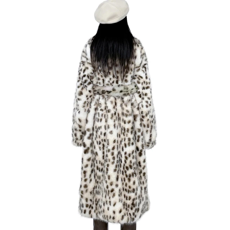 Winter 2024 New Long Belted Leopard Faux Fox Fur Long Coat Women Overcoats Ladies Stylish Street Fashion Fluffy Fox Fur Jacket