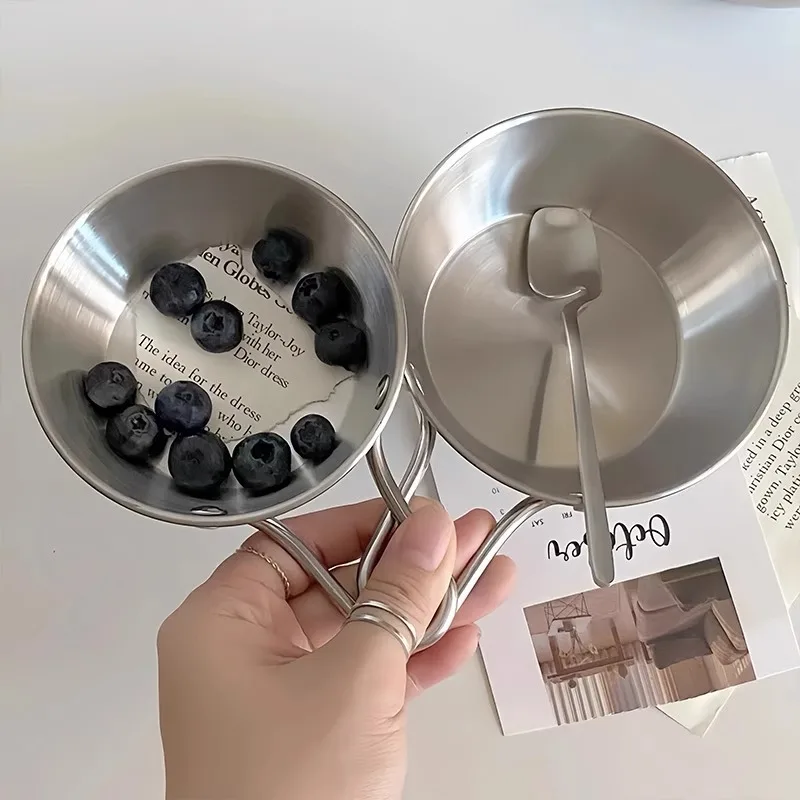 12CM Food Sauce Bowls Ice Cream Dessert Tableware Kitchen 304 Stainless Steel Bowl Korean Round Rice Wine Bowl with Handle