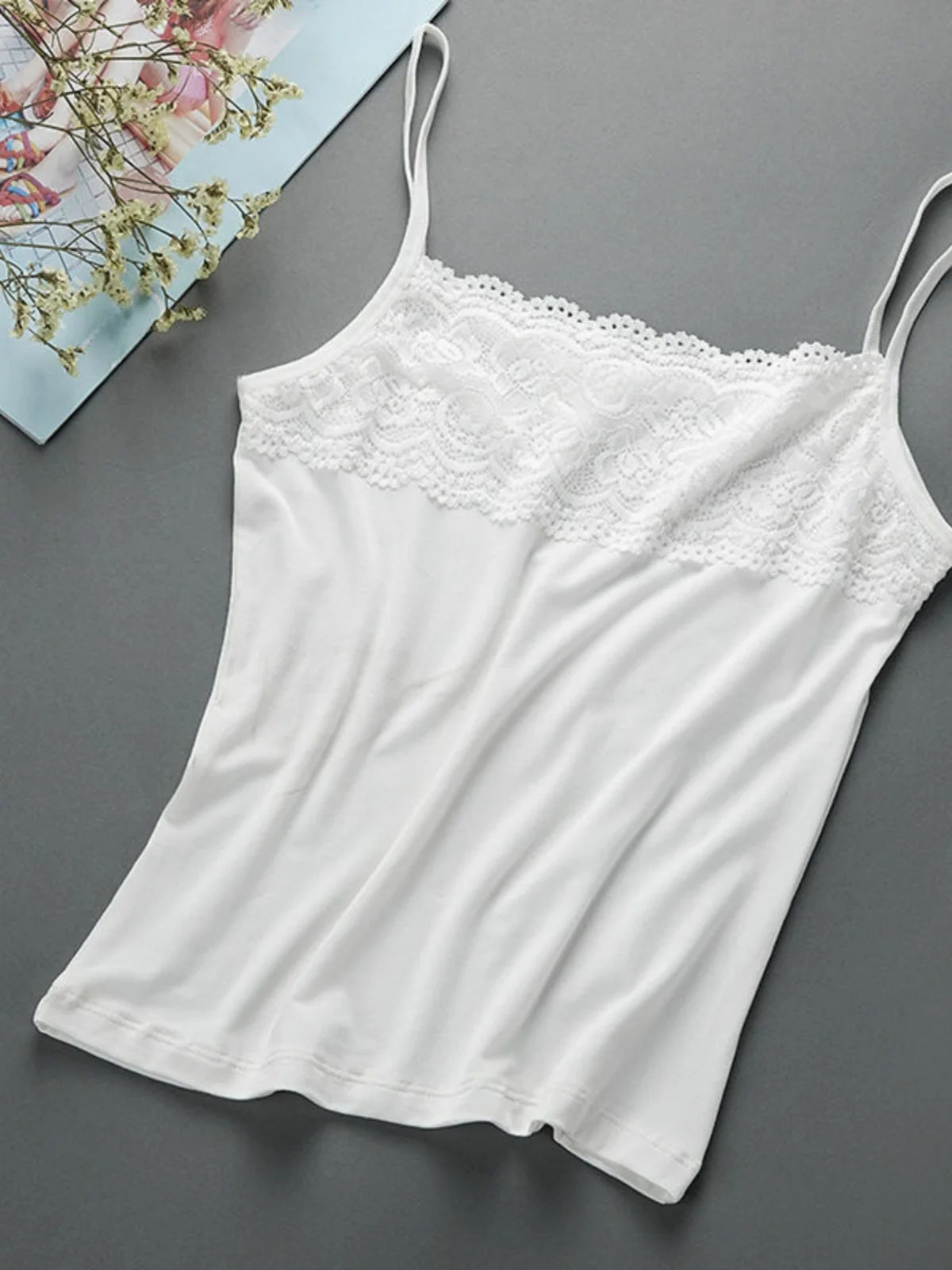 Camiseta sin Mangas de Algodón para Mujer, Talla Grande, Ajustada, con Encaje, para Primavera y Verano, Color Blanco