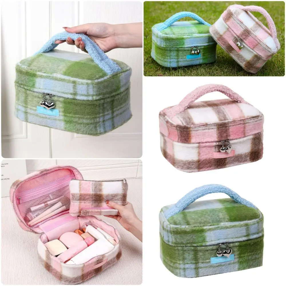 Pink Green Grid Makeup Bag Large Capacity Zipper Closure Cosmetic Storage Bag High Quality Compartmentalized Storage