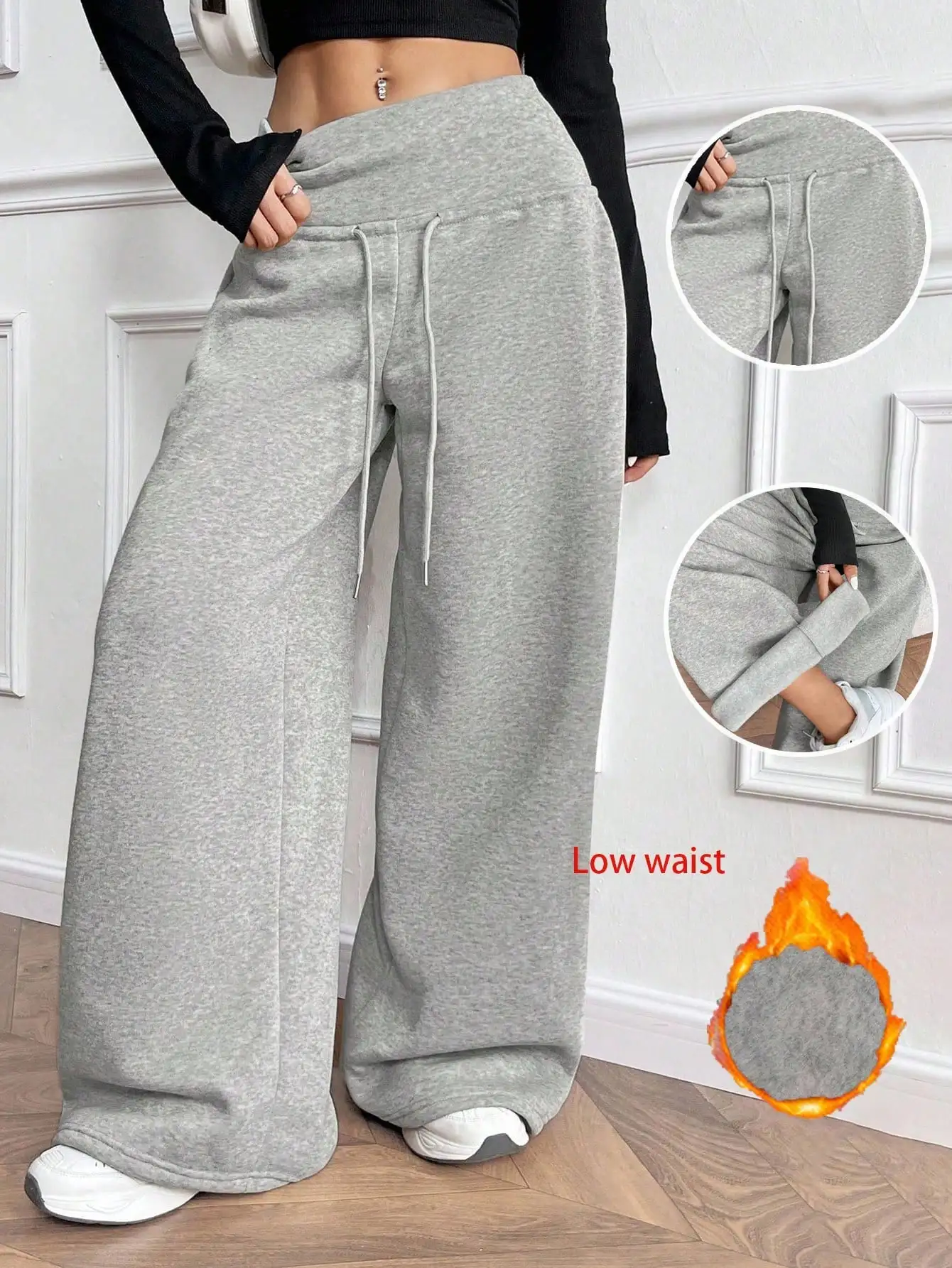 

Grey Fleece Drawstring Low-Waist Wide Leg Sweatpants for Women