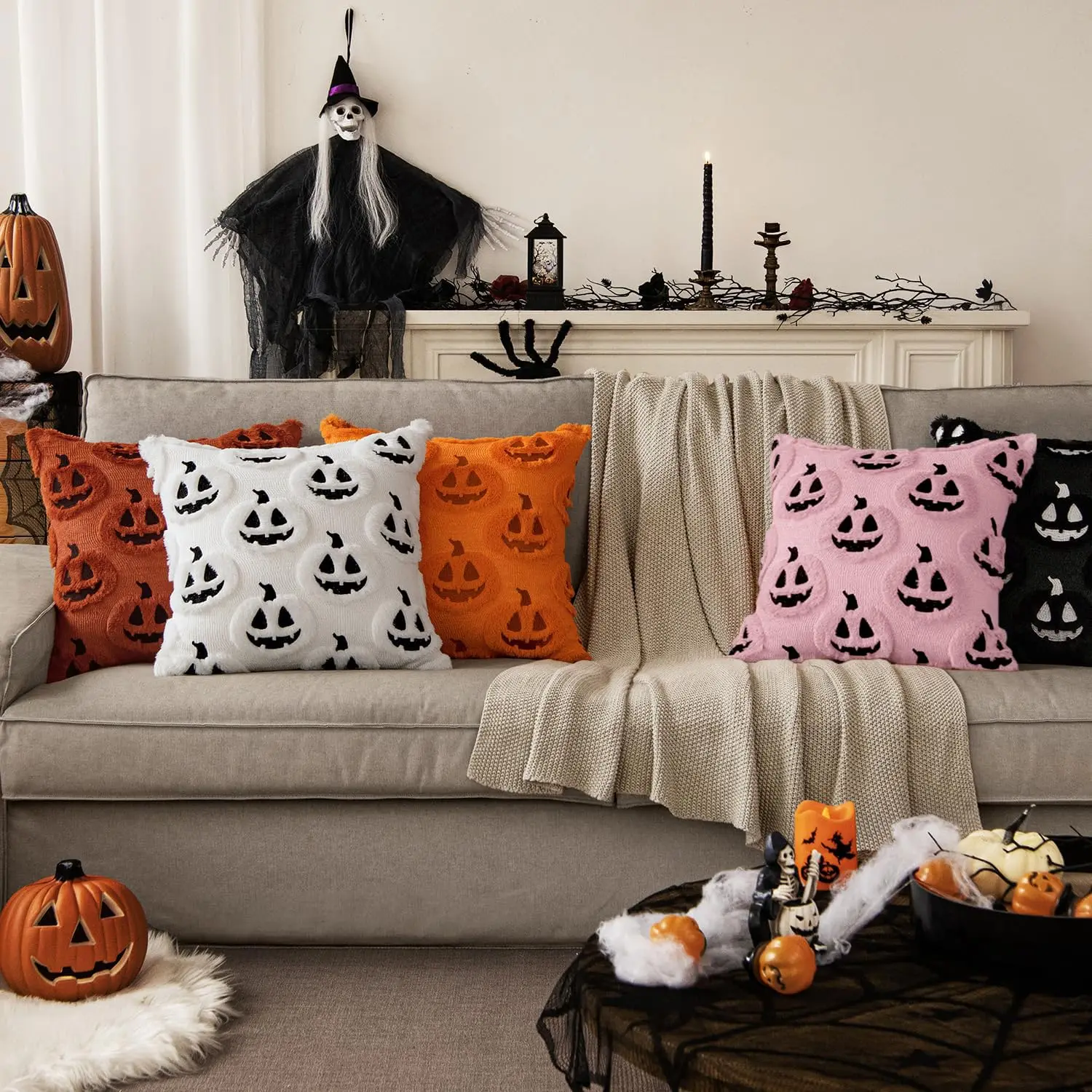 Halloween Fall Pumpkin Throw Pillow Covers 18x18 Pink Thanksgiving Decorative Ghost Pillowcases,Soft Plush Faux Wool Cushions