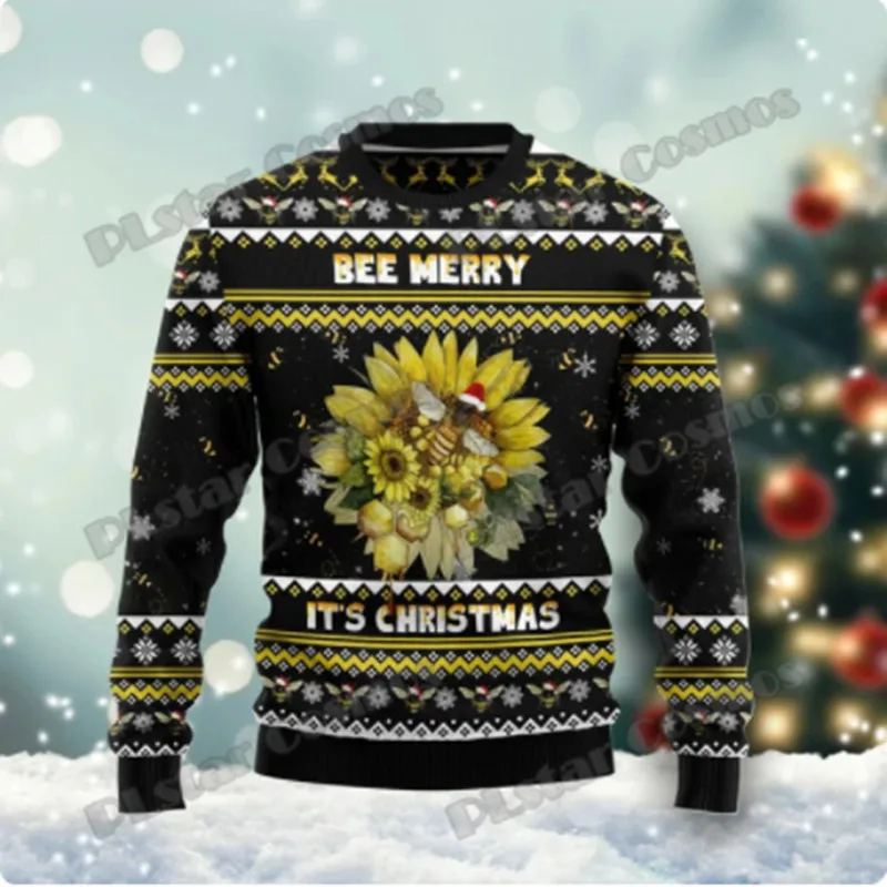 Heren Winter Mode Trui Bijen Vrolijk Patroon 3d Bedrukt Lelijke Kersttrui Neutrale Casual Warm Gebreide Pullover Y1006