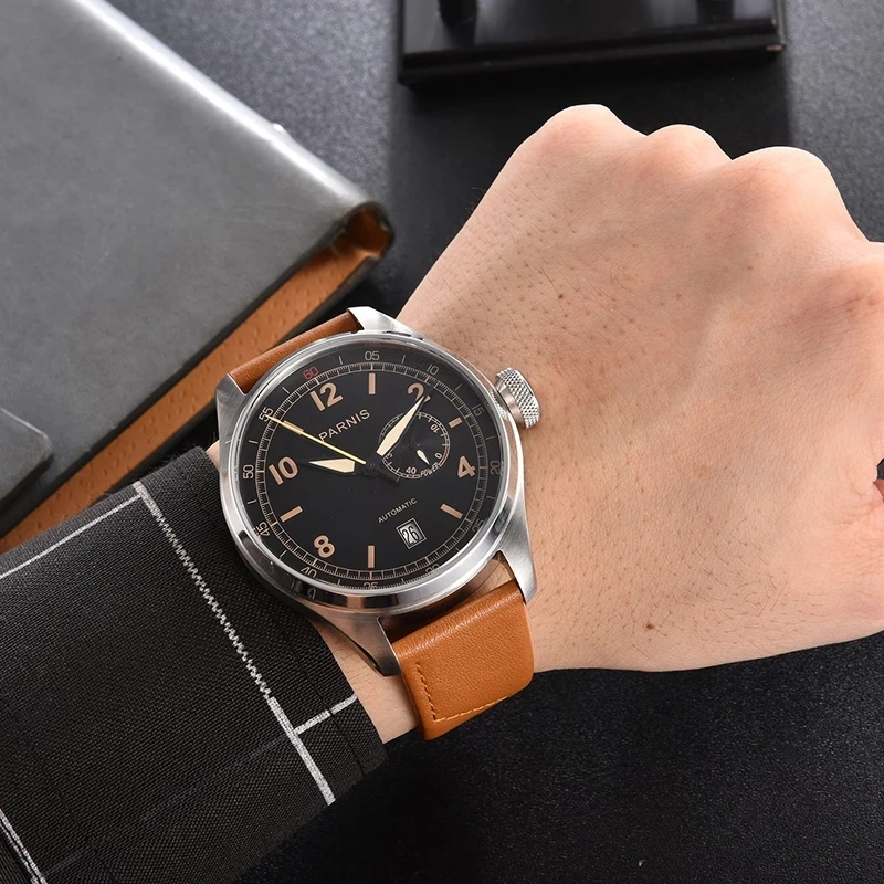 PARNIS Мужские автоматические часы 48 мм Роскошные мужские часы Спортивные механические наручные часы Военные 30 м Водонепроницаемый кожаный ремешок Relogio
