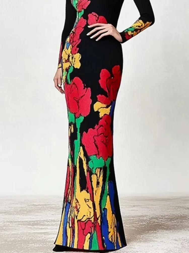 Lemongor 2025 New Women's High Neck X-shape Party Prom Dress Long Sleeves Fashion Multi-Colored Floral Printed Evening Dresses