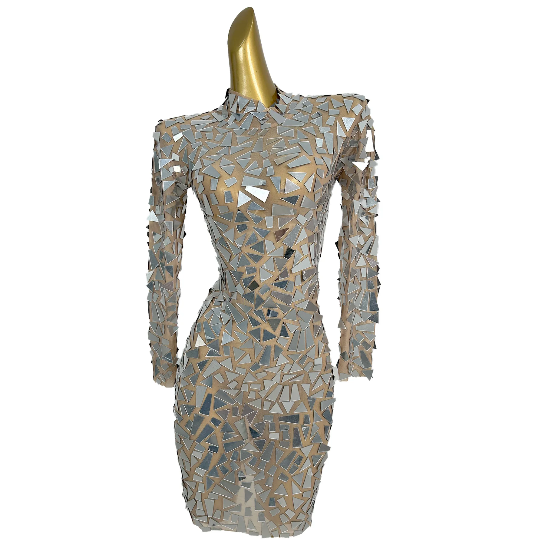Sexy Silver Mirror Fragment Mesh Mini Dress Long Sleeve Bodycon Gown Women Singer Nightclub Stage Performance Outfit Jingpian