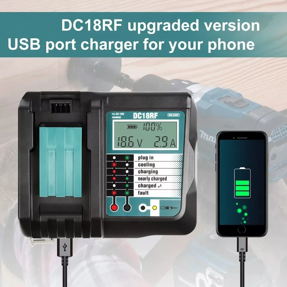 NEW DC18RF Li-ion Super Fast Charger for Makita 14.4V - 18V Li-ion Battery BL1860B,BL1830,BL1415,BL1440 with LED Screen,USB Port