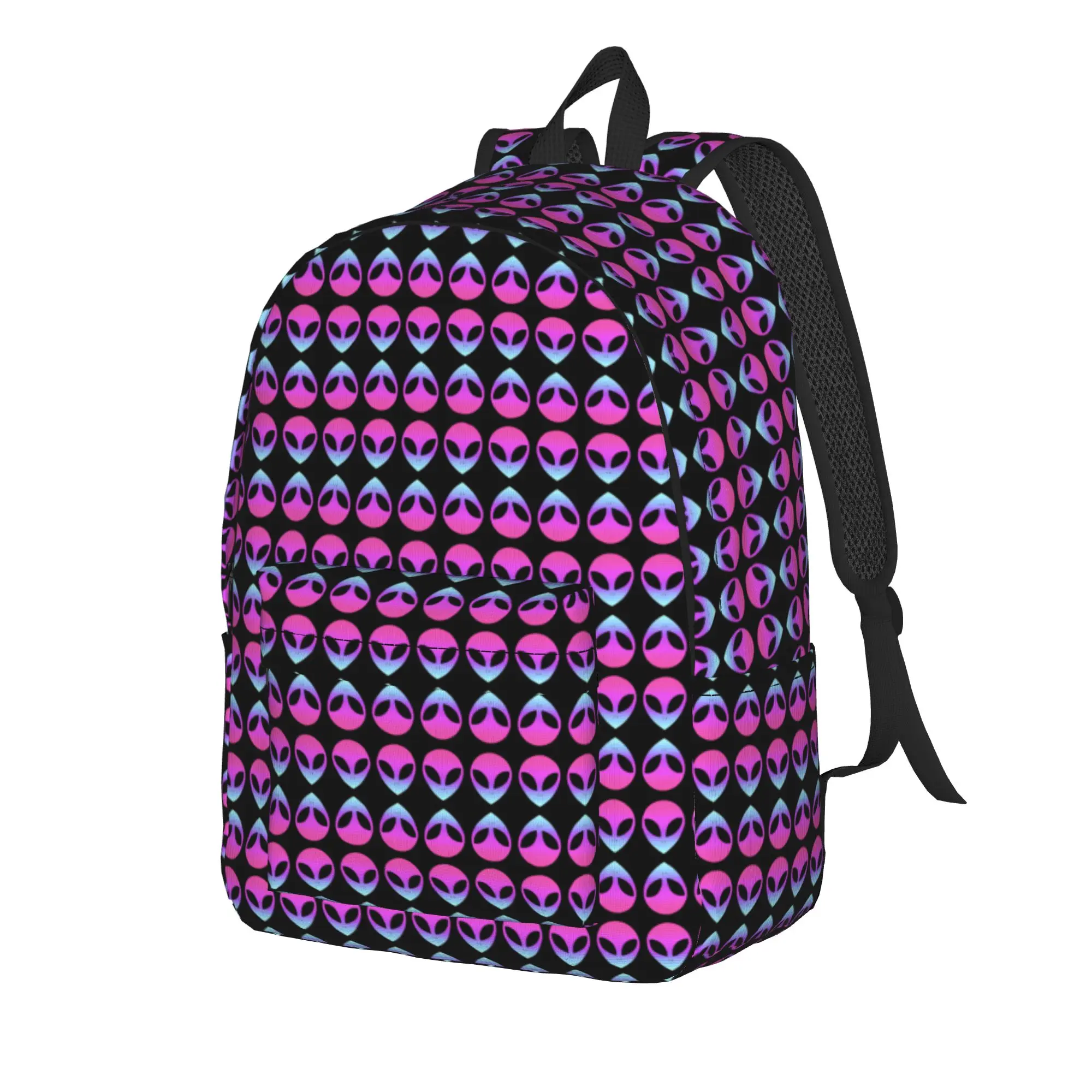 Gradient Pink Blue Alien Head Vertical Black Background Tile Pattern Backpack  Youth Polyester Daily High School Bags Rucksack