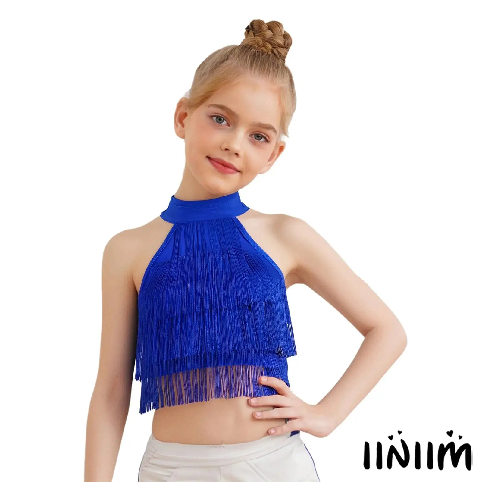 

Kids Girls Rumba Salsa Latin Dance Costume Fringe Jazz Latin Dance Crop Top Sleeveless Strappy Back Tiered Tassels Vest