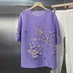 Round neck printed purple top T-shirt with retro pleated 5/4 sleeves for spring/summer designer clothes women luxury