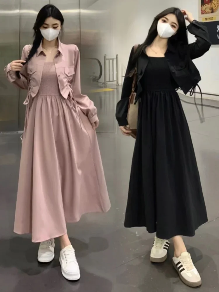 Chubby Age-Reducing Set Women's Autumn Clothing Plus Size Advanced Design Sense Cardigan Short Outerwear Sling Dress ZL794