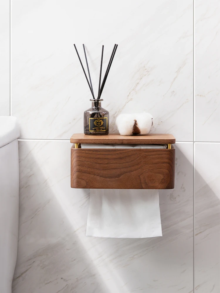 Wooden Tissue Box Wall Hanging Free Punch Black Walnut Bathroom Shelf Household Pumping Paper Towel Holder Accessories