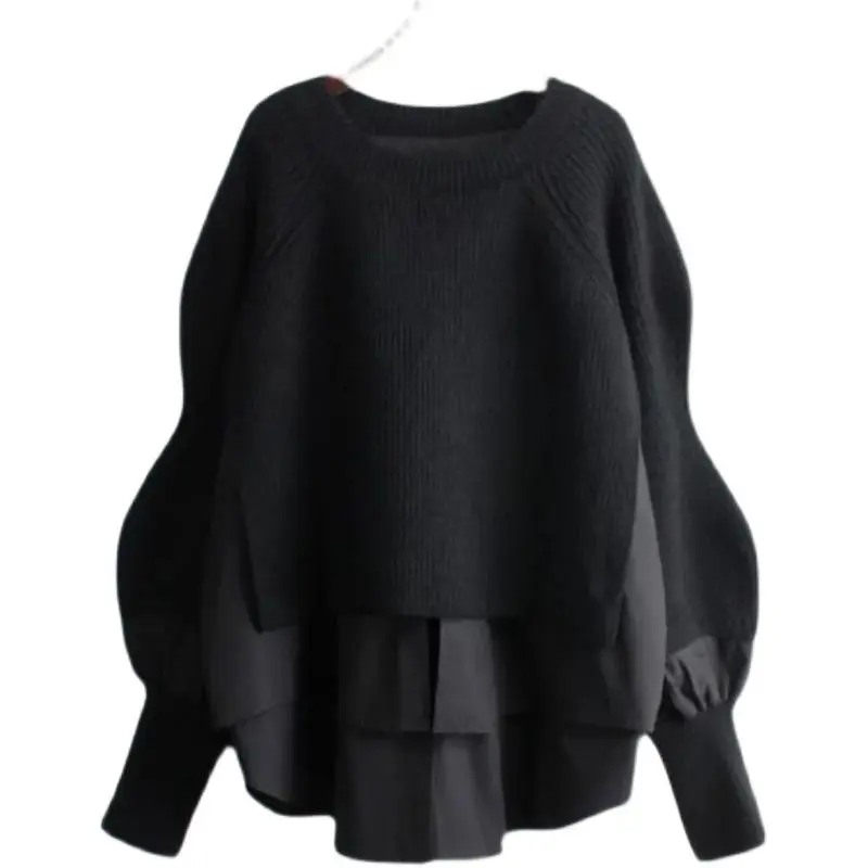 Women Autumn Spring Sweater Chic Pullover Blouse Splicing Shirt Patchwork Knitted Female Jumper U1022