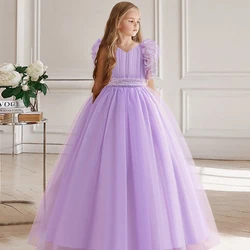 Elegant Girls Party Dress Wediings Flower Kids Gown Princess Purple Birthday Puffy Sleeves Clothes For 4-14Y Children Clothing