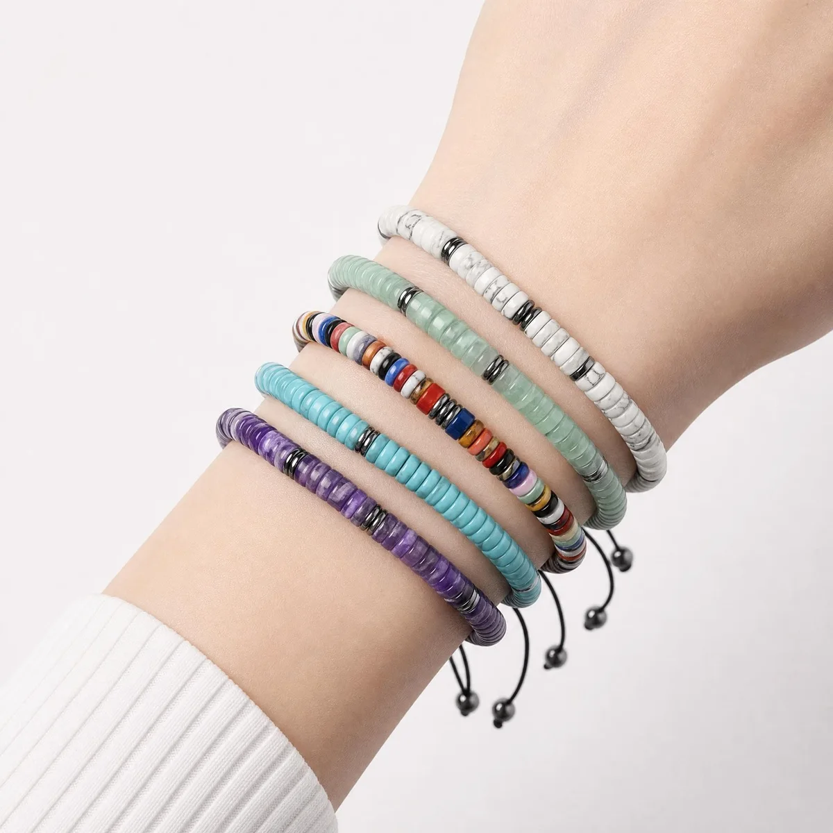 6MM Natural Stone & Hematite Disc Bead Adjustable Bracelet Macrame Slide Closure Unisex Healing Crystal Jewelry for Men Women