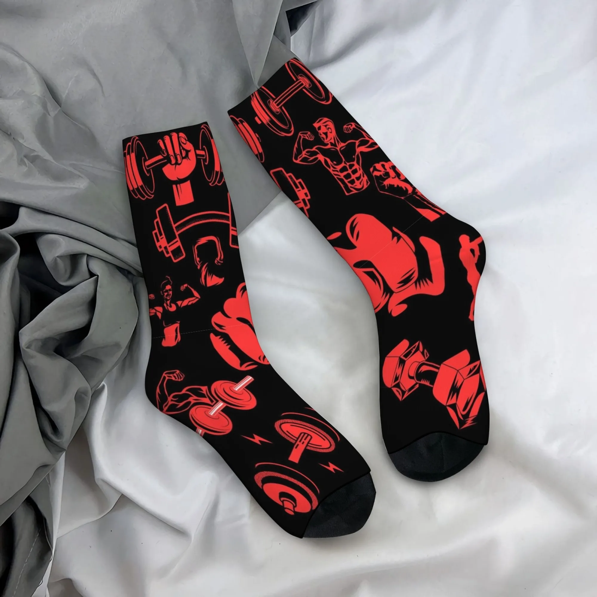 Hardcore Fitness Graffiti Muscle Barbell Print Men's Mid-Calf Socks Black and Red Powerful Style Outdoor Sports Gym Socks