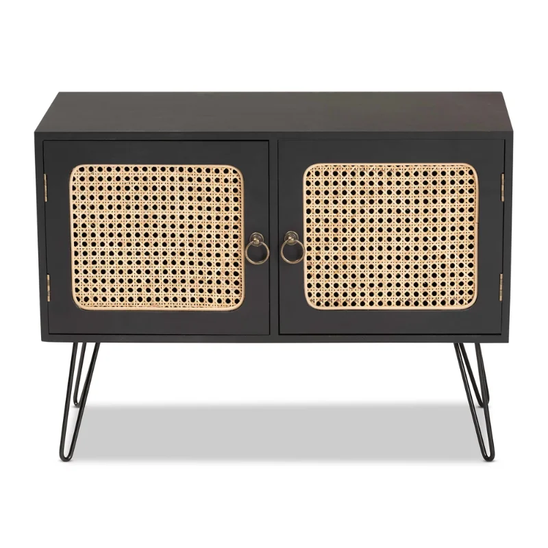 Davion Mitte des Jahrhunderts modernes Espresso braunes Holz und schwarzes Metall 2-türiges Side board Buffet mit Rattan