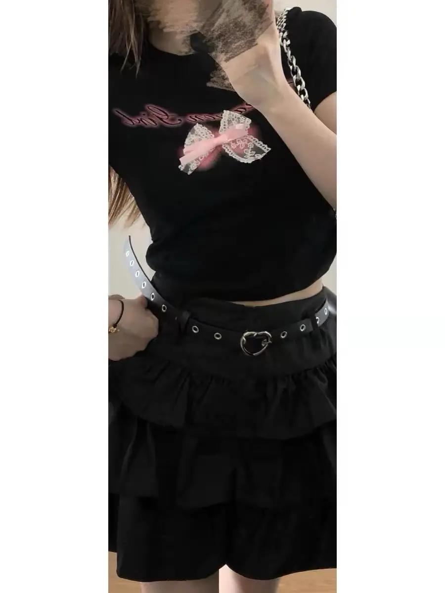Black American Retro Y2K A-Line  Skirt Women's plus Size Cake Skirt Autumn New Style Versatile Fluffy Half-length Skirt