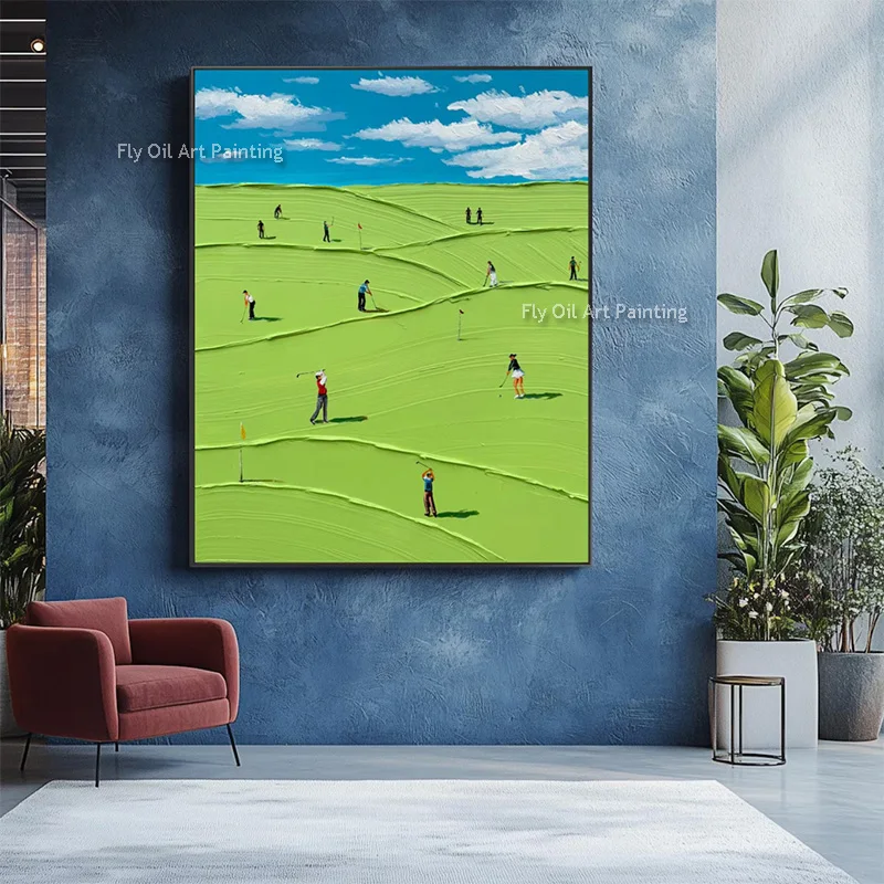Large Light Green Land And Blue Sky Canvas Thick Wall Art Hand Painted Simple Dark Green Golf Course Oil Painting Decor For Room