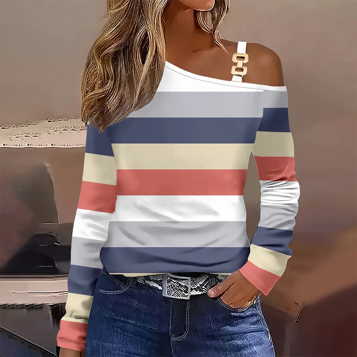 Summer 2026 New Women's Off-the-shoulder Double Snap  long sleeve  printed elegant casual t-shirt