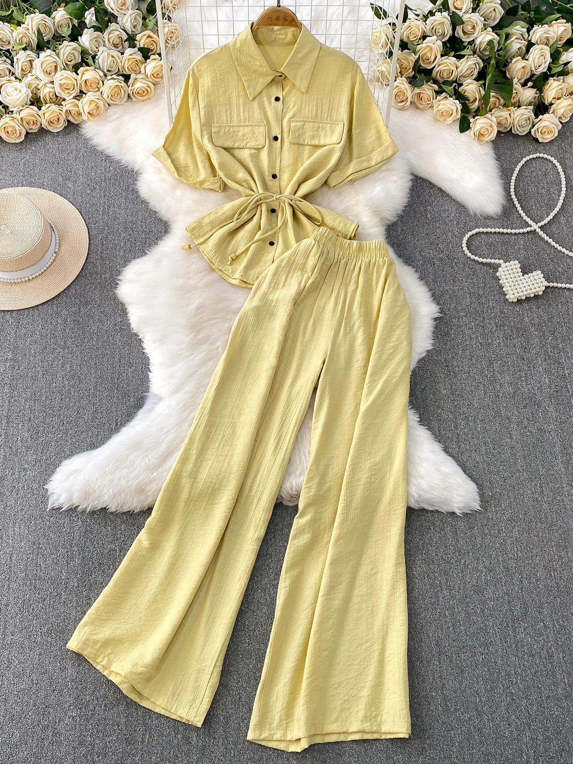 

Корейский Sle Slim Fit ort Sve irt с поясом Широкие брюки с высокой талией Комплект из двух предметов с воротником на одной пуговице Повседневная одежда