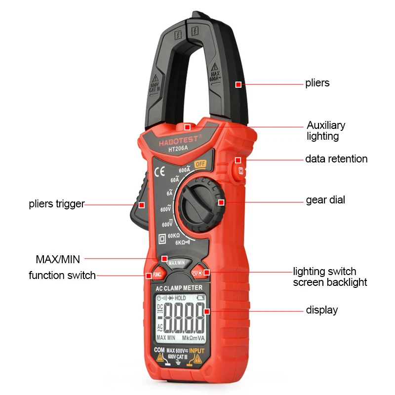 HT206 Pliers Ammeter Amperometric Clamp Meter 600A AC/DC Current Auto Range Multimeter Double Backlight Capacitance Ohm Test