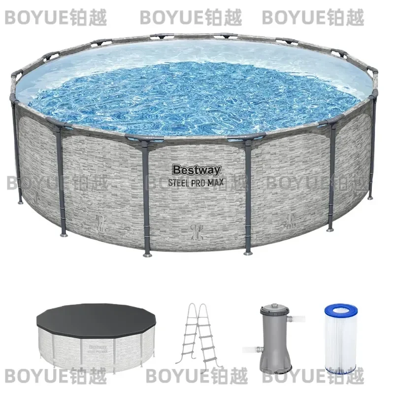 14ft Round Above Ground Swimming Pool Metal Frame Set with Filter Pump Ladder Cover Gray Stone Print Customizable Backyard