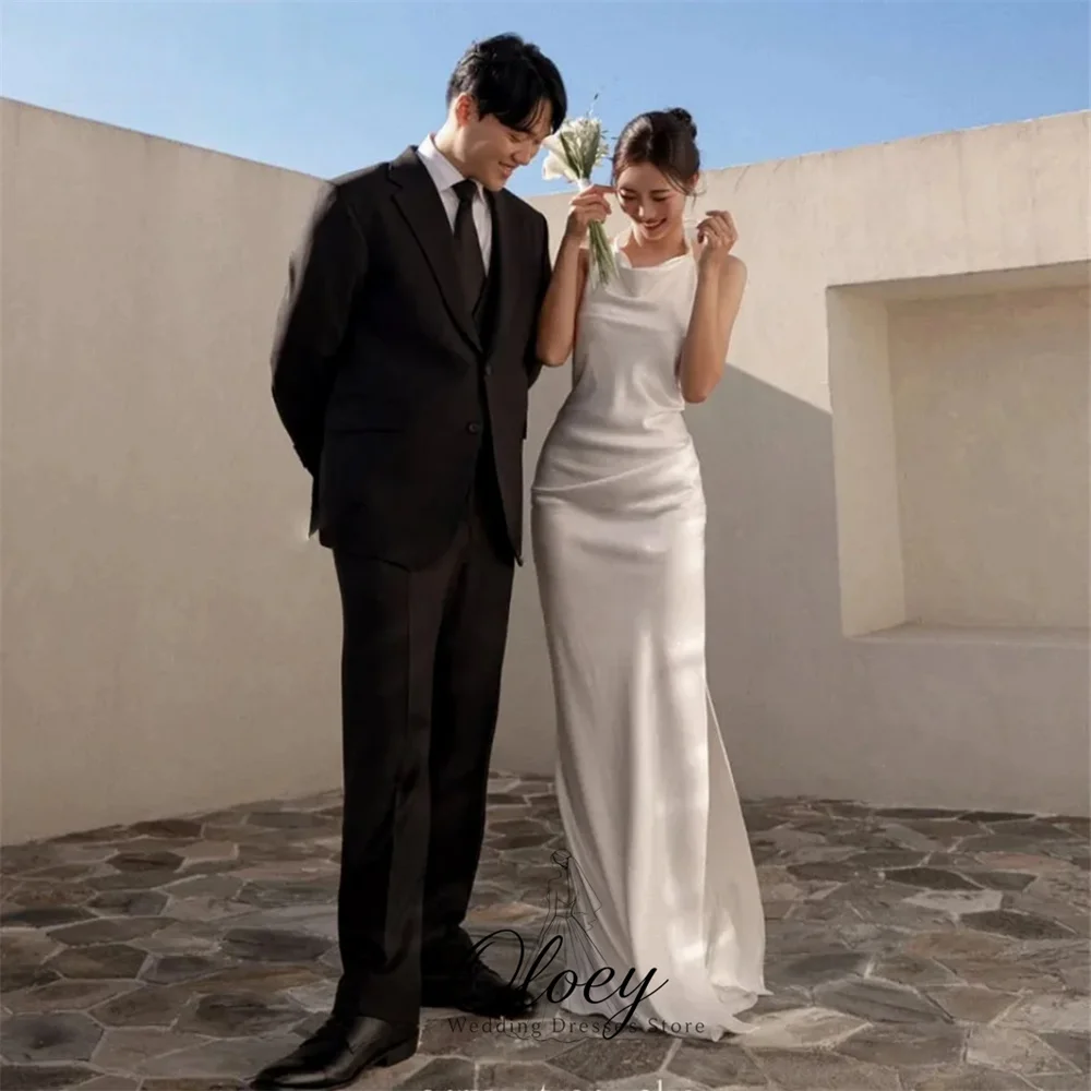 OLOEY Simple Halter Satin Korea Wedding Dress Photo Shoot Sleeveless Mermaid Bridal Gown Customized Lawn Wedding Party Dress