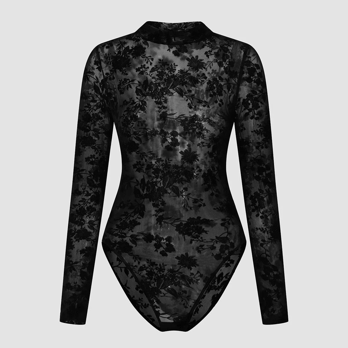 Sexy Women\'s Black Floral Flocking Sheer Mesh Mock Neck Long Sleeve Bodysuit