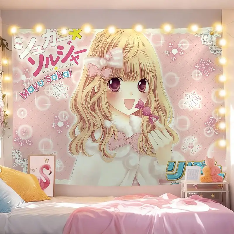 VIKAMA Sweet Retro Comic Tapestry Blonde Girl Wall Hanging Aesthetic Bedroom Living Room Decor Soft Polyester Photo Backdrop