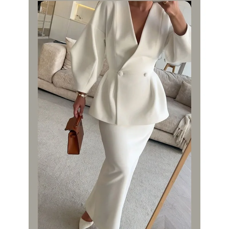 Elegant Puff Sleeve Slim Fit High Waist Women Coat Skirt Sets Fashion V Neck Solid Button Lady 2 Piece Set 2024 Chic Street Wear