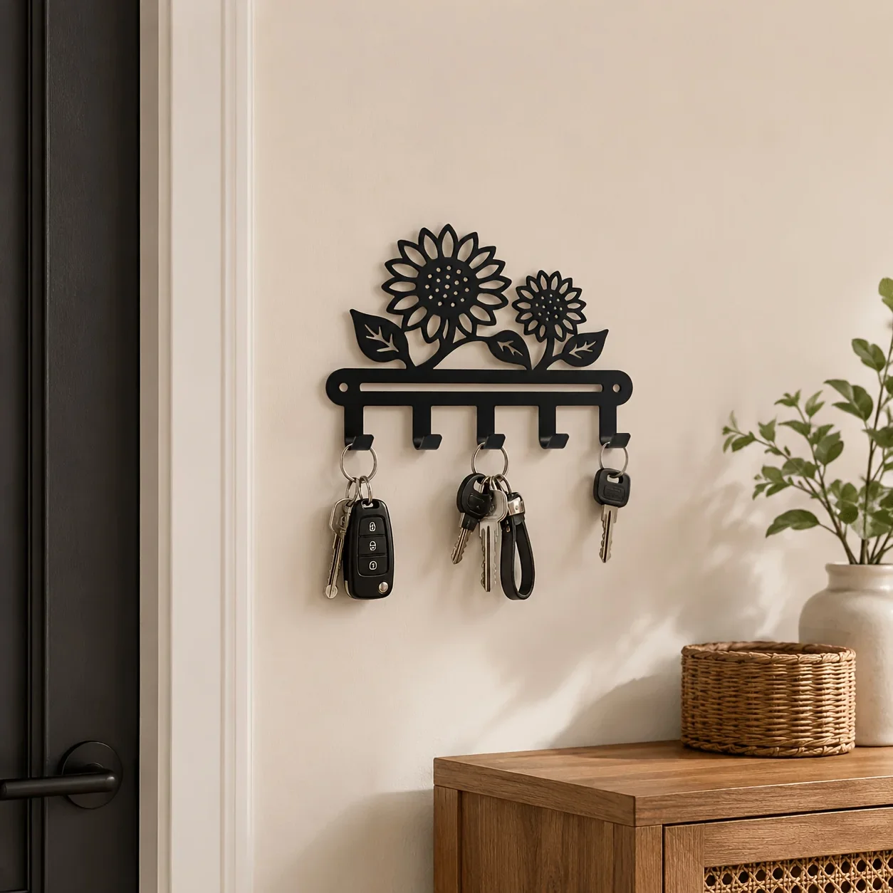 CIFBUY Sunflower Inspired Wall Mount Iron Hook Rack, Metal Key Holder for Entryway Hallway Kitchen Home Decor Gift