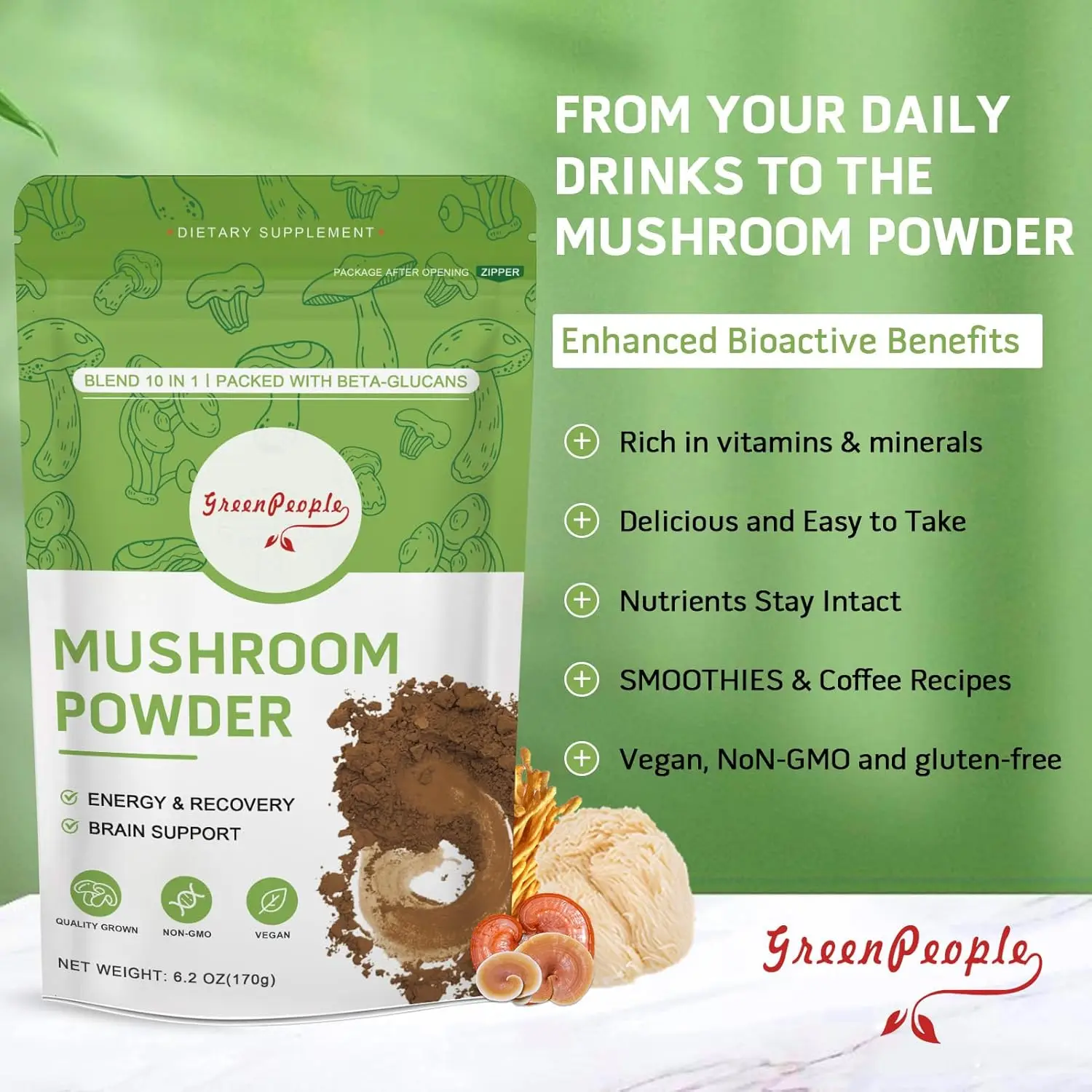 GREENPEOPLE 10-in-1 Mushrooms Lions Mane Supplement  Powder with Reishi Complex for Cognitive Function & Immune Support view 4