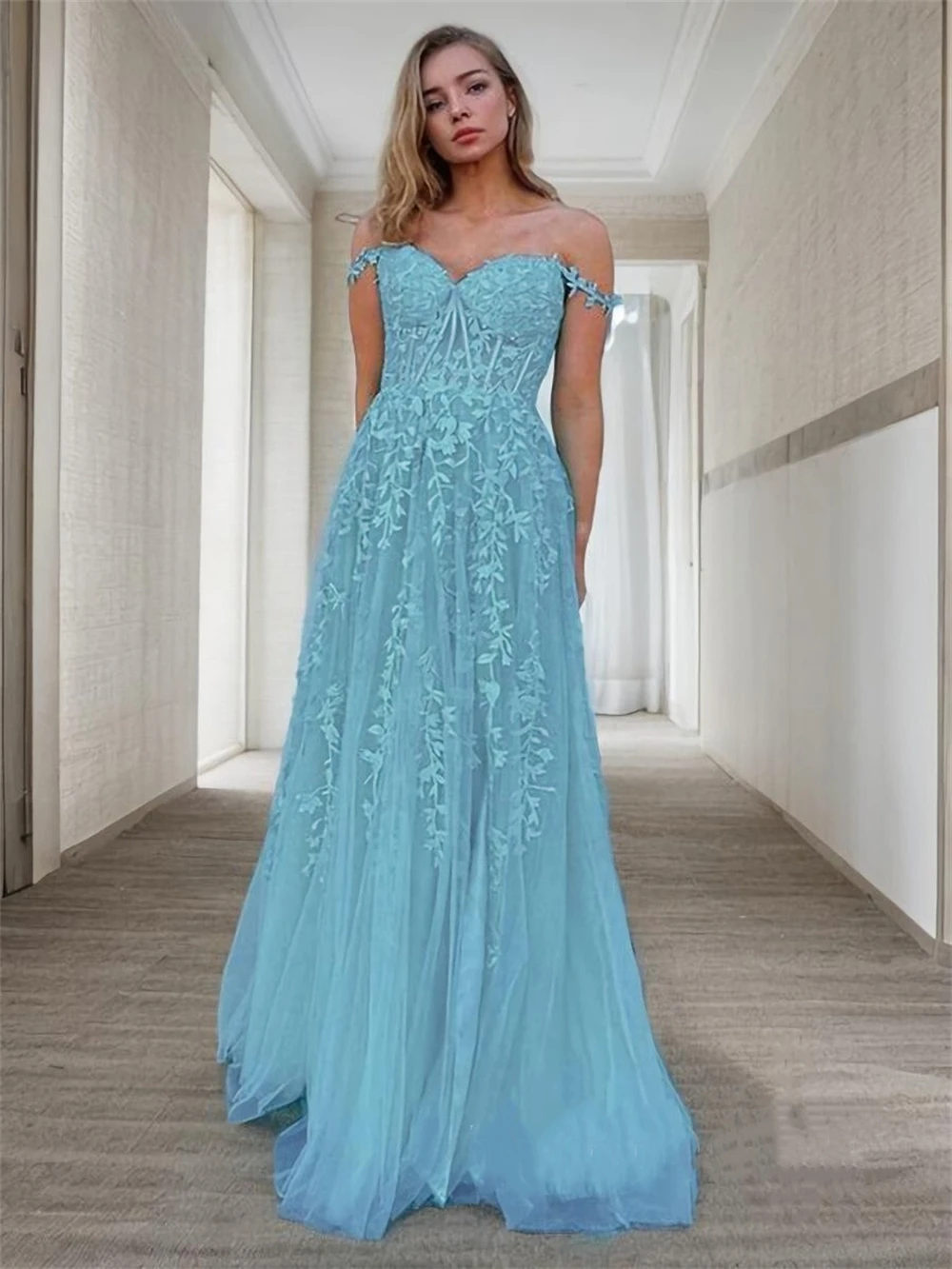 

Off-the-shoulder Tulle Evening Dress Lace Appliques Sweetheart Formal Sleeveless Backless Split Long Fioor-length Prom Gowns