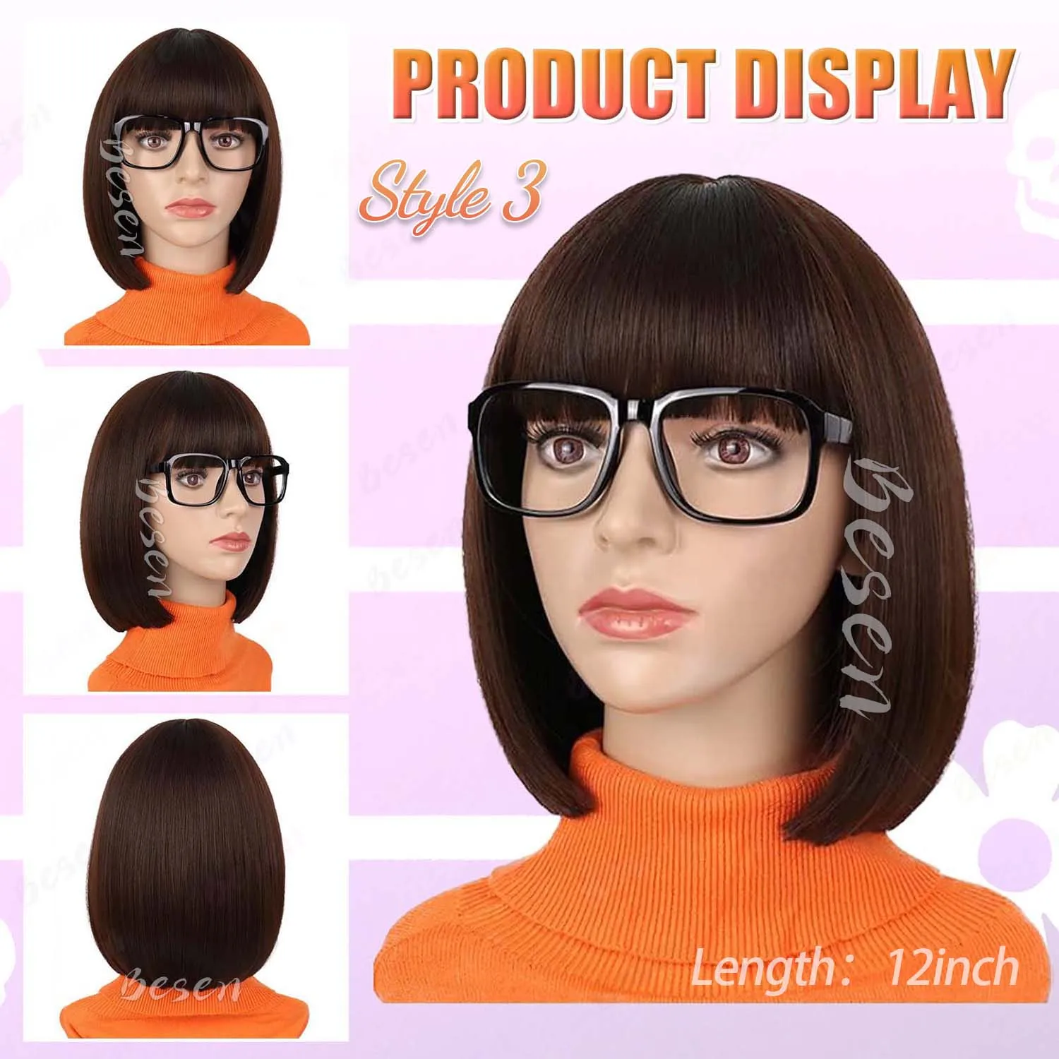 باروكة صناعية طويلة مموجة برتقالية + عصابة رأس أرجوانية، باروكة دافني، شعر مستعار بني مع غرة + نظارات + باروكات فيلما عدسة مكبرة لجميع القديسين #4