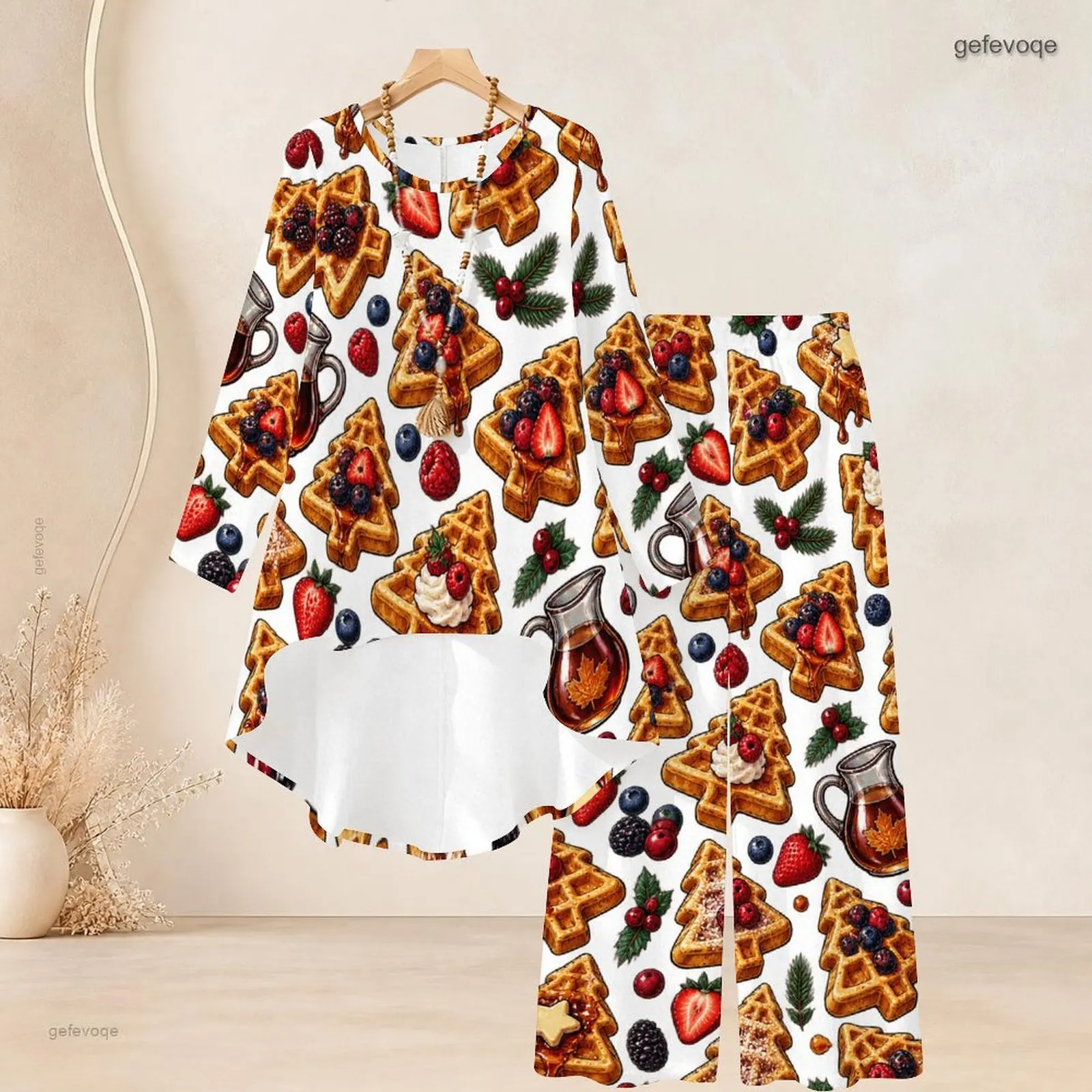 Women Christmas Tree Waffle Berry Print Round Neck 3/4 Sleeve Top Wide Leg Pants Two Piece Set