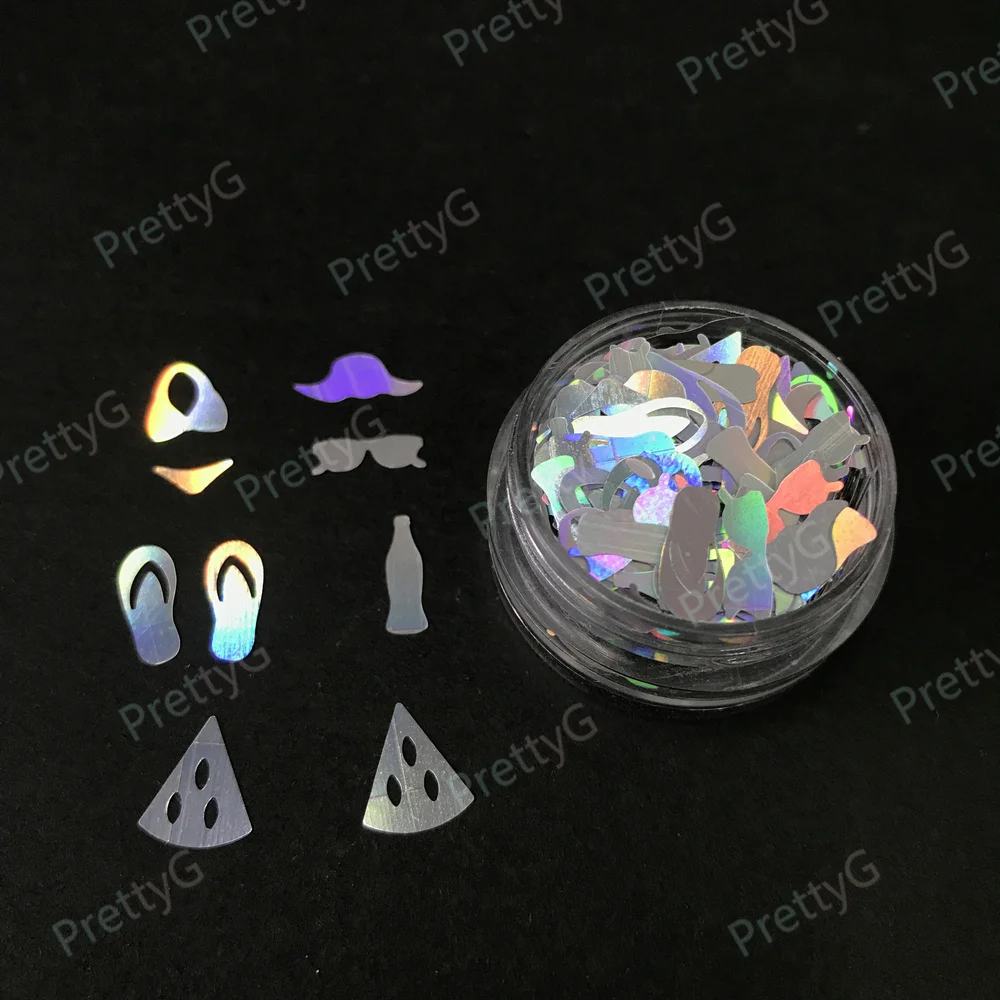 PrettyG Wholesale Holographic Summer Beach Set Glitter Shape Hawaiian Coke Bikinis Slippers Hat Sequins For Nail Art Decoration