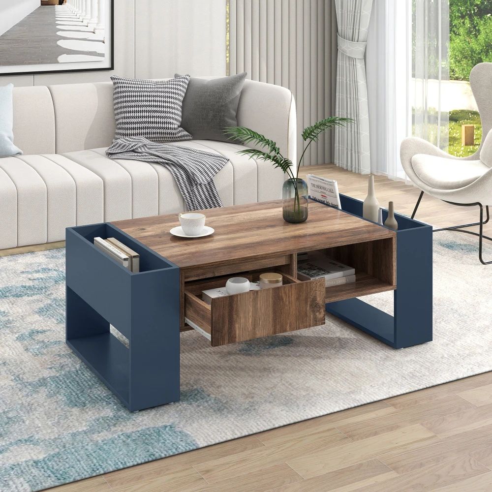 PINGGO Holz-Couchtisch Anthrazit Grifflose Schublade Doppelseitiges Staubdichtes Fach Großer Stauraum für Wohnzimmer – Detail 5