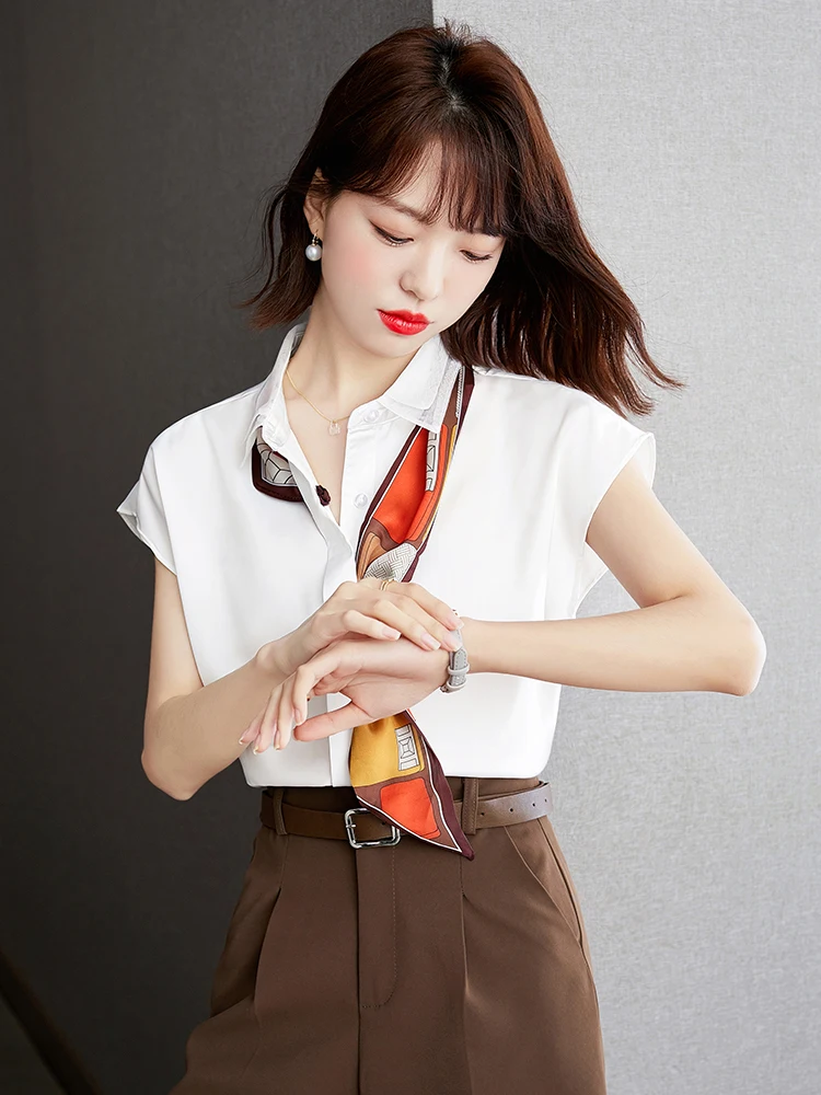 

2025 New Summer Vintage Chiffon Blouses Office Lady Shirts Casual Short Sleeve Turn-down Collar Shirt Women Tops