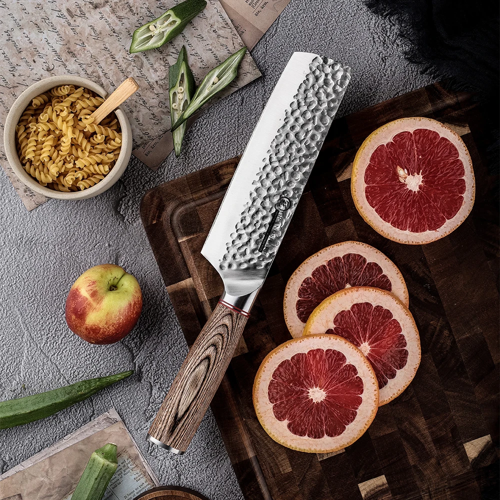 Grandsharp 6.5 Inch Nakiri Knife 4CR13 Stainless Steel Forged Hammer Stripe Blade Pakka Wood Handle Meat Vegetables Cutting Tool