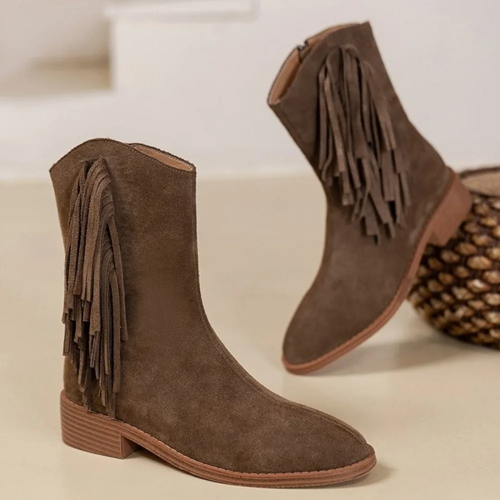 

2024 New Cow Suede Women Ankle Boots Autumn Winter Warm Fashion Fringe Casual Back Zipper Round Toe Short Boots Woman