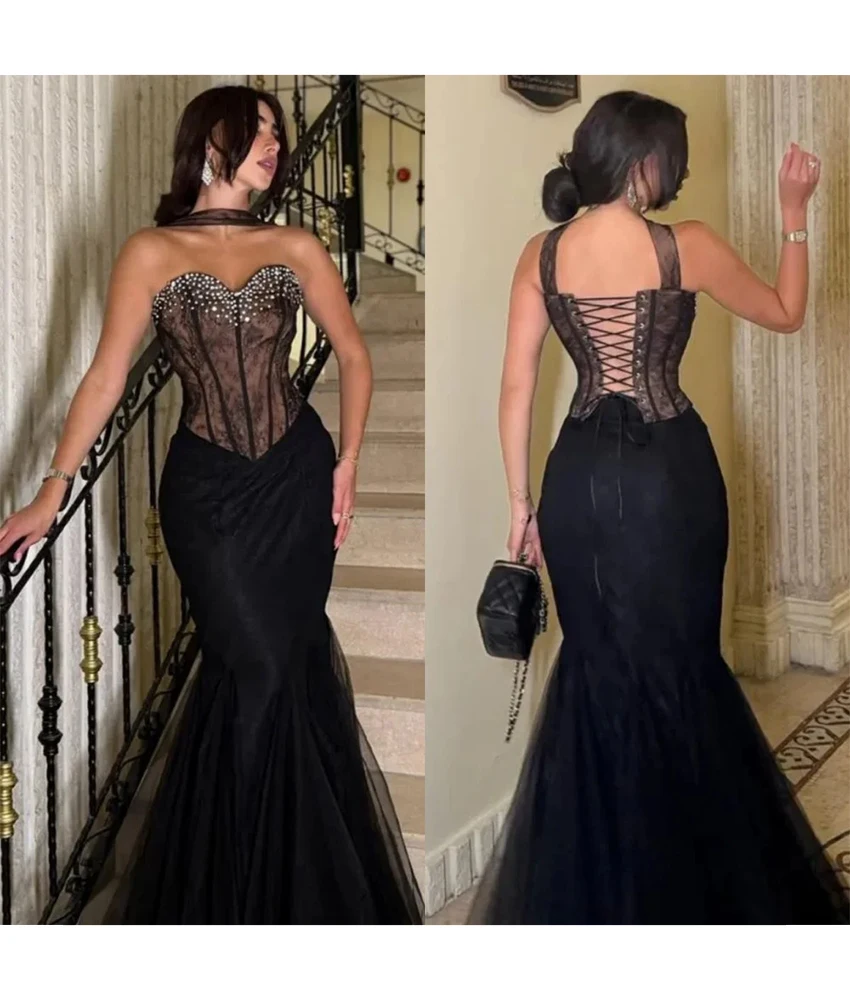 

MCDV Customized Sexy Tulle Mermaid Crystal Lace Evening Dress Delicate Halter Sleeveless Floor Length After Party Dress.