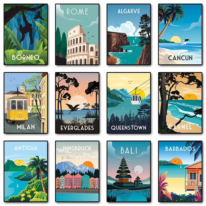 Pintura en lienzo ilustrada de viaje, Carmel, Milán, Bali, Roma, Venecia, carteles de paisajes, impresiones, arte de pared, imagen, sala de estar, decoración del hogar