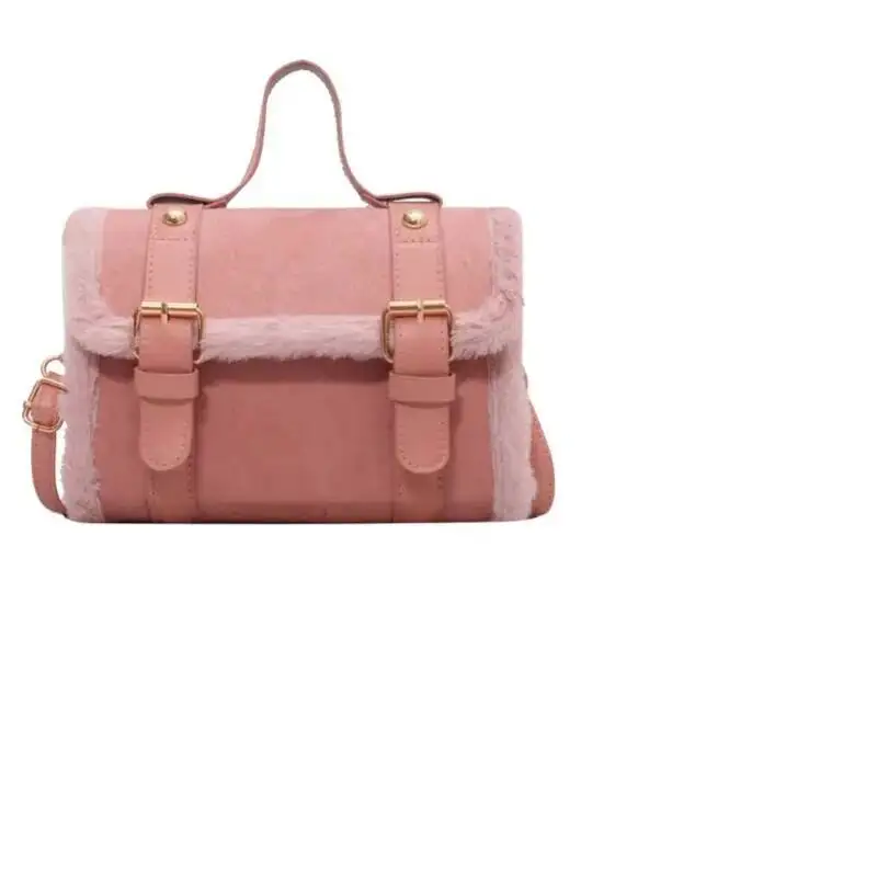 Sweet Cute Pink Handbag Women Studded Fuzzy Trim Large Capacity Shoulder Bags Ladies Gentle Fashion Niche Design Crossbody Bag