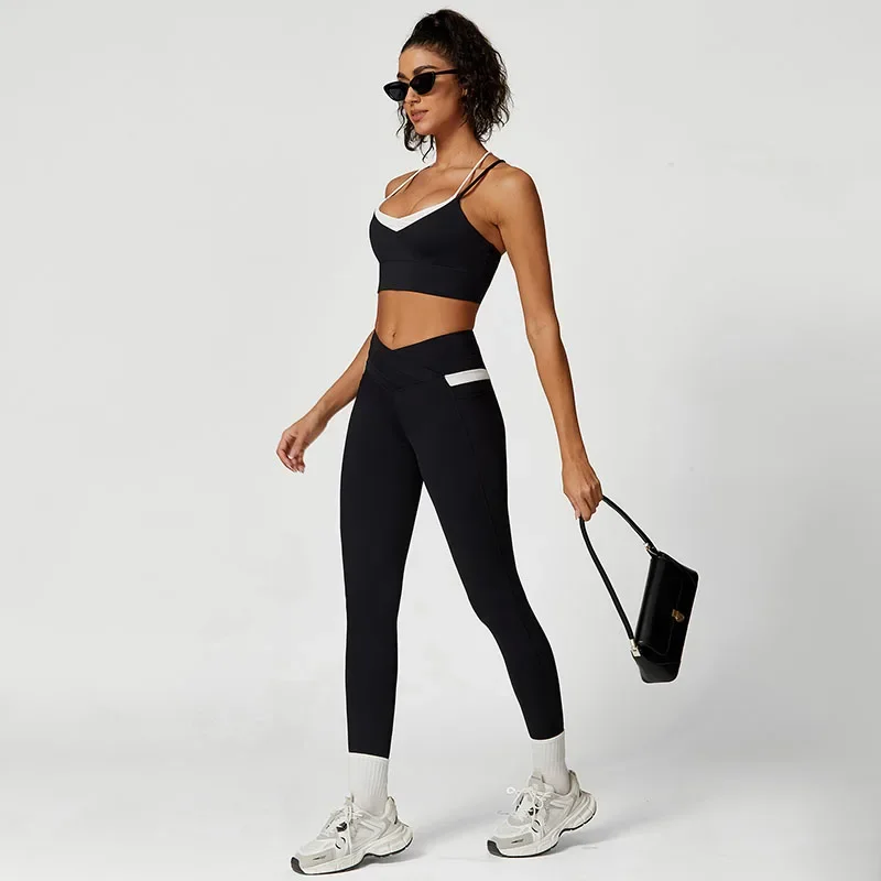 Summer Color Blocked Cross Back Sports Bra, High Waist Slimming Yoga Pants, Sweat Absorbing And Breathable Fitness Suit